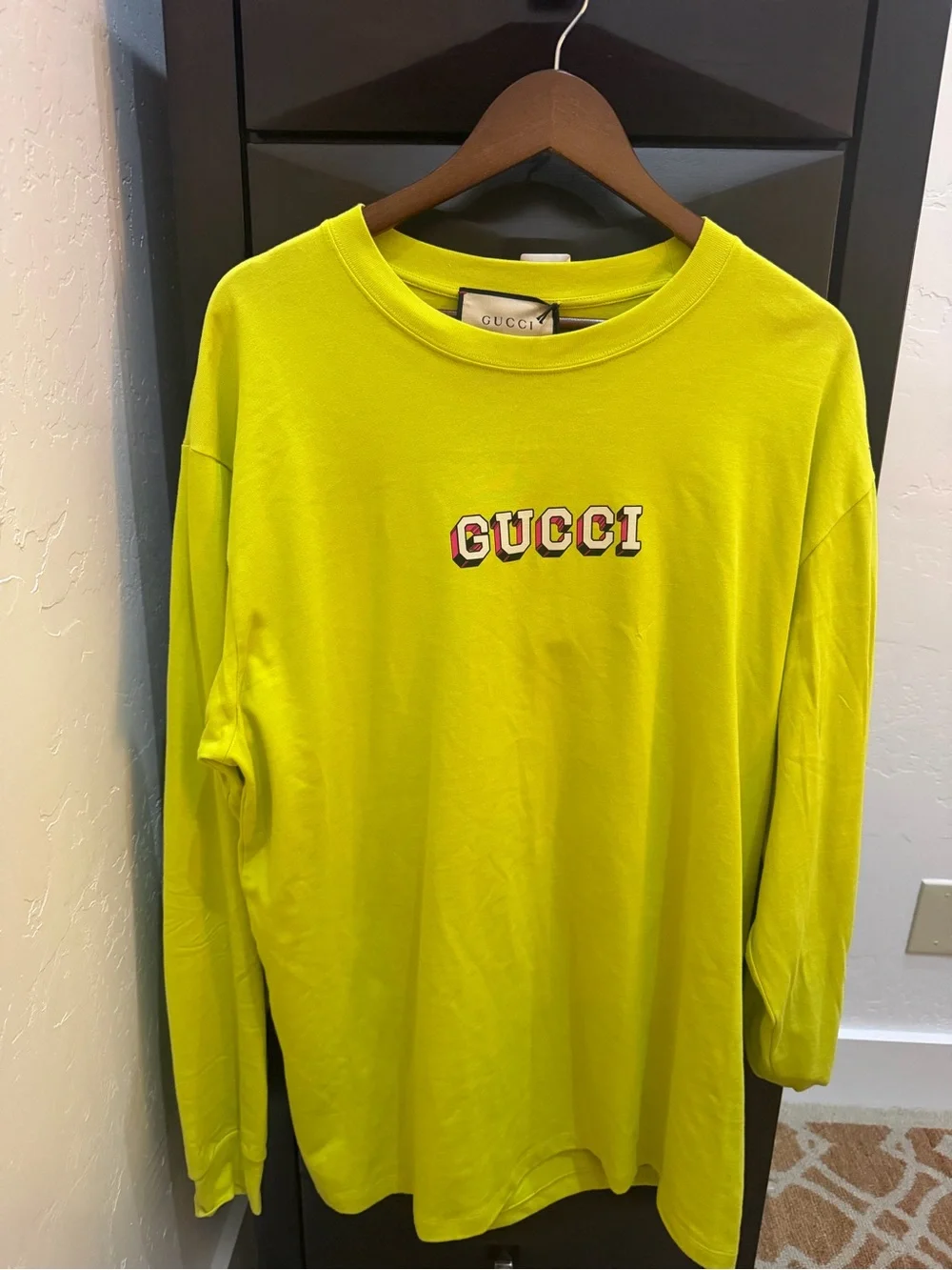 Gucci Neon Yellow Men’s Long-Sleeve Logo Tee